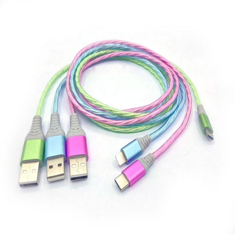 দ্রুত চার্জিং কেবল 3 IN 1 টাইপ সি 3A LED রঙিন চার্জিং USB কেবল লাইটনিং ফ্ল্যাশিং কেবল