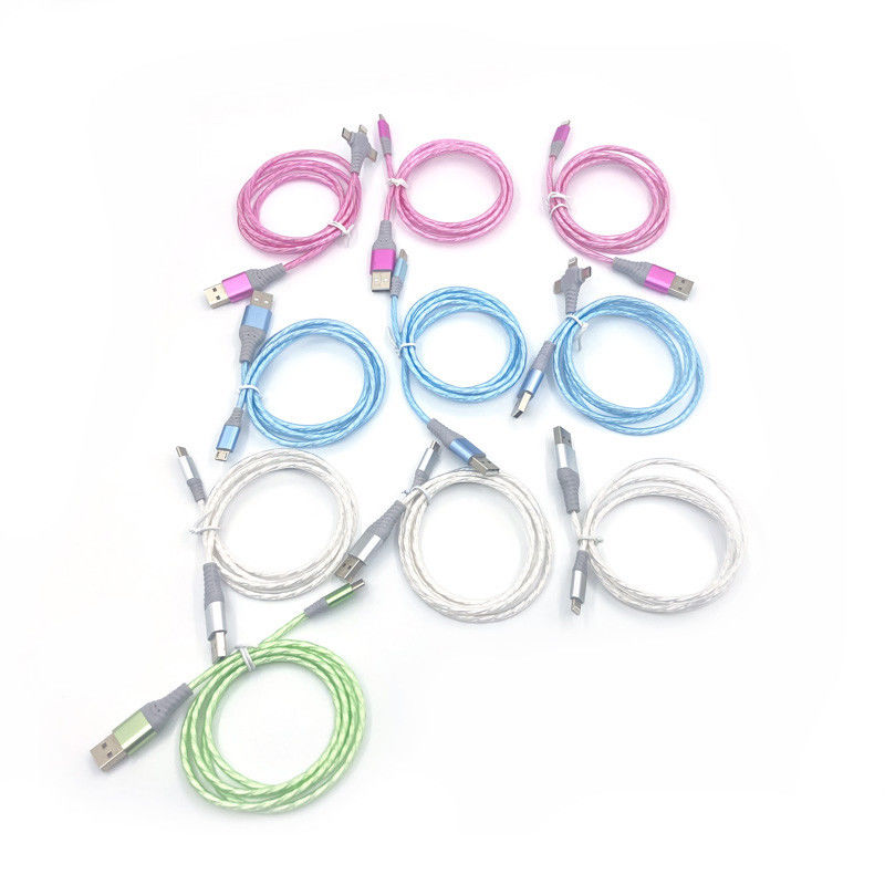 দ্রুত চার্জিং কেবল 3 IN 1 টাইপ সি 3A LED রঙিন চার্জিং USB কেবল লাইটনিং ফ্ল্যাশিং কেবল